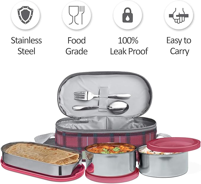 Milton Corporate Lunch Stainless Steel Containers Set of 3, Maroon