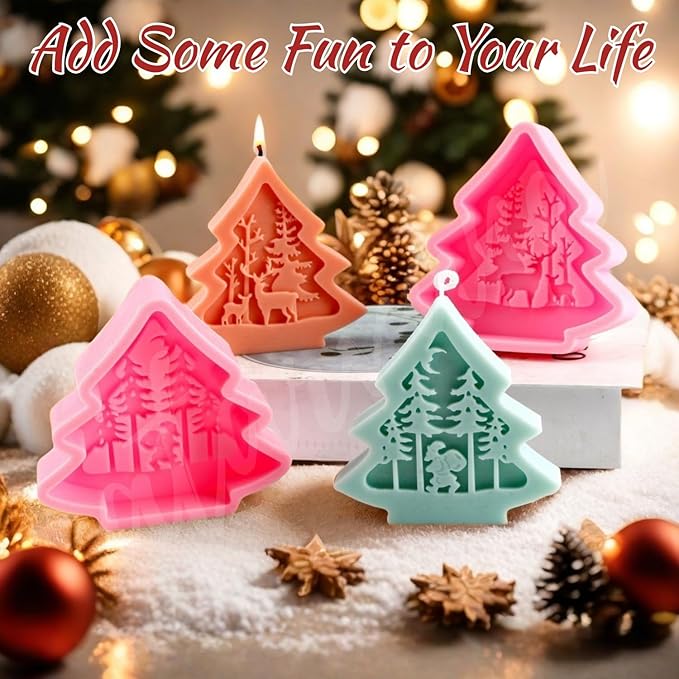 6pcs Christmas Tree Shaped Silicone Mold Set, Atarvana Relief Style Christmas Molds with 10pcs Candle Wick for Soap Candle Making -Christmas Trees, Santa Claus, Reindeer, Snowman