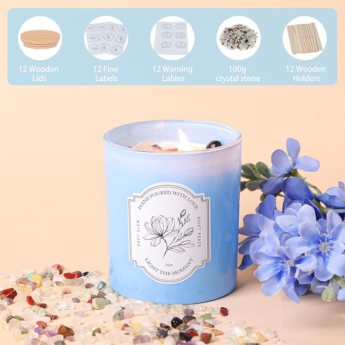 12Pcs Assorted Blue Glass Candle Jars with Wooden Lids for Making Candles, 10 OZ Empty Candle Jars with Labels and 100g Crystal Rocks, Candle Making Supplies Candle Containers for Home DIY & GIFTS