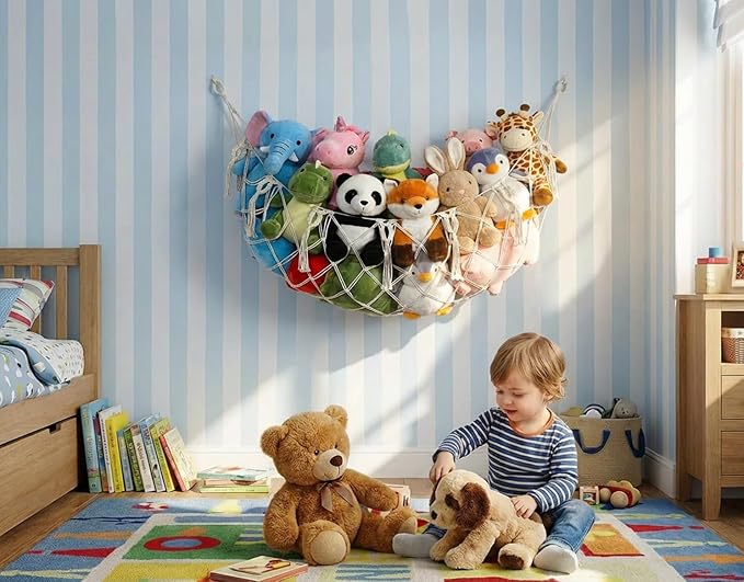 Stuffed Animal Net or Hammock for Flat Wall Mounted Handmade Macrame Toy Display Hanging Plush Toy Net for Stuff Animal Storage(Cream large)