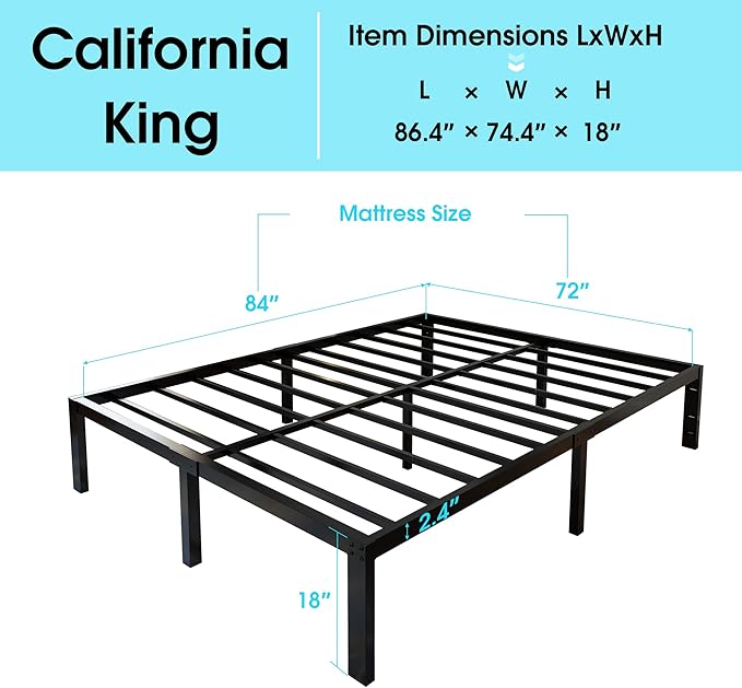 45MinST 3600lbs Heavy Duty Reinforced Platform, 18 Inch Tall Mattress Foundation, Steel Slats Support Bed Frame with Underbed Storage, Easy Assembly and Non Squeak, Cal King