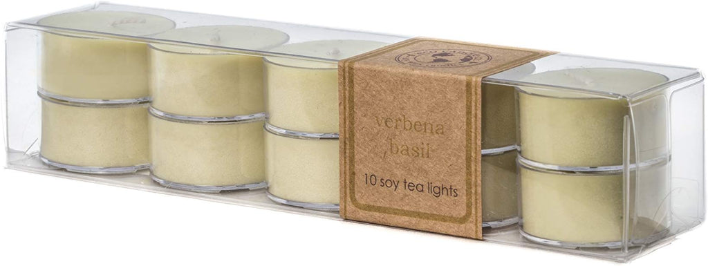 ECO CANDLE CO. Tea Light Candles, Verbena Basil, 10-Pack - Scents of Lemons, Verbena, Basil, & Cedar - Recyclable, 100% Soy Wax, No Lead, Hand Poured, Made from Midwest Grown Soybeans, .6 oz. Each