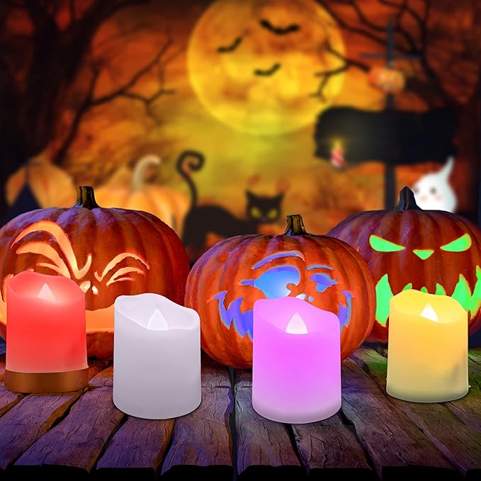 Daord Rechargeable LED Color Changing Tea Lights USB Flameless Warm White Flickering Votive Candles with Remote for Halloween Christmas Romantic Home Decor