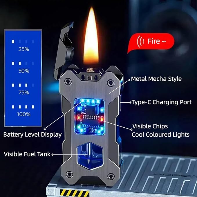 Smart Kerosene Lighter 4-Ignition Methods, Voice Activated Soft Flame Lighter, Metal Mecha Style Refillable Lighters with Cool Colorful Breathing Light (Brushed Gold, No Fuel)