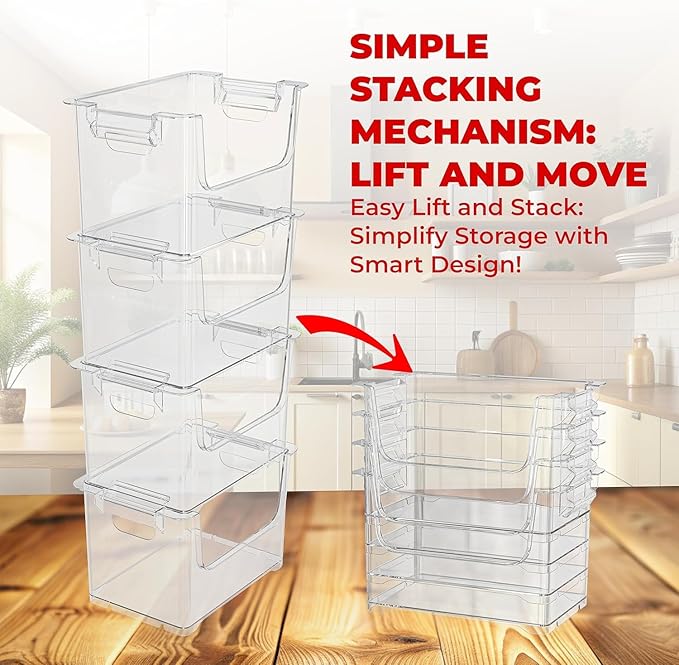 TidyFriend Stackable Storage Bins for Pantry - 4 Pack Stackable Bins for Organizing Food, Kitchen, and Bathroom Essentials (Clear)