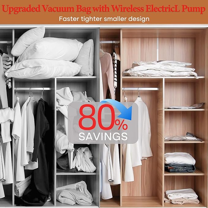 Vacbird Travel Vacuum Storage Bags with Rechargeable Cordless Pump, 12 Pack Vacuum Seal Bags for Clothing(4 Large+4 Medium+4 Small), Compression Packing for Clothes Suitcase Luggage Blanket Pillows