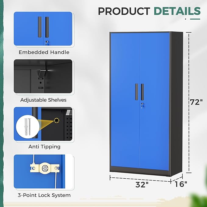 Greenvelly Metal Garage Storage Cabinet, 72" Tall Steel Storage Cabinets with 2 Doors and 4 Adjustable Shelves, Metal Tool Cabinets, Locking File Cabinet for Home Office, Garage, School (Black Blue)