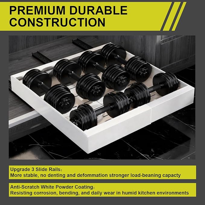 4-Pack Expandable Pull Out Cabinet Organizer 21" Deep with 3 Slide Rails, Adjustable Width (12"-22") Drawer Organizer for Kitchen Pantry Base Cabinets, Fixed with Roll Out Shelves Adhesive, White
