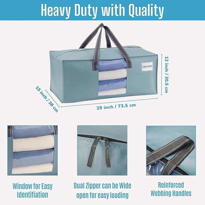 VENO 4 Pack Heavy Duty Moving Bags, Christmas Storage Bins with Lids, Transparent Window Design, Alternative to Moving Boxes, Storage Bags for Clothes, Blankets, Comforters (Light Blue Matte, 4 Pack)
