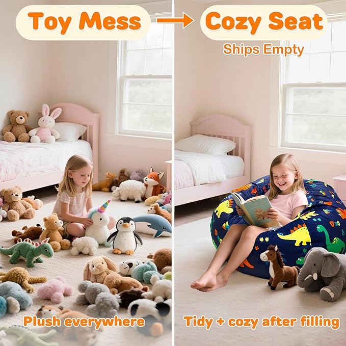 Lukeight Dinosaur Stuffed Animals Storage Bean Bag Chair Cover Only (Ships Empty, No Filling) - Velvet YKK Zipper Beanbag Cover for Kids Big kids, Washable Plush Toy Organizer, X-Large 30" D x 18" H