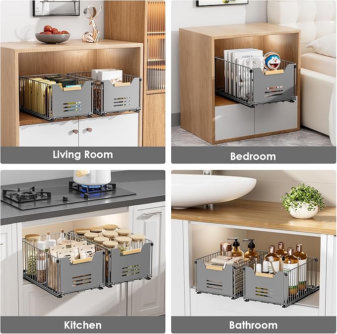 Pull Out Cabinet Organizer, Slide Out Drawers for Cabinets, Peel and Stick, Heavy Duty Shelves for Kitchen, Cupboard, Pantry, Bathroom,high- Gray