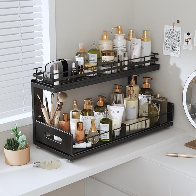 Under Sink Organizer Upgrade To Professional Rails,2-Tier Dual Pull Out Cabinet Storage,Height Adjustable Slide Out Drawers For Bathroom Kitchen,2 Pack-18.5"Dx12.8"-16.9"H,Black