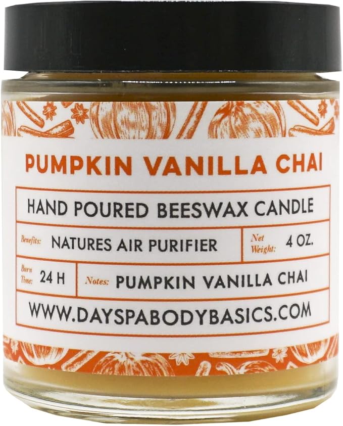 Pumpkin Vanilla Chai Hand-Poured Beeswax Candle - All-Natural, Cotton Braided Wick, Chemical Free, Smokeless, Cleans Air, Non-Toxic, Non-Polluting, Non-Allergenic, Made in USA