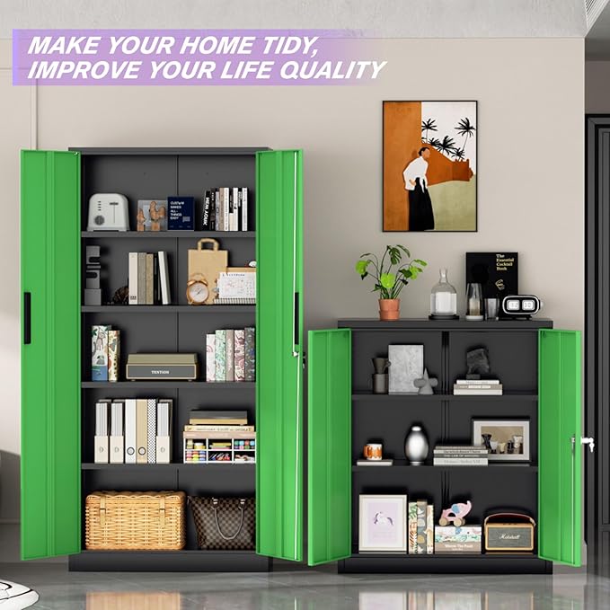 Superday Metal Storage Cabinets, 72" Storage Cabinet with Locking Door, Tall Garage Cabinet with 2 Doors and 4 Adjustable Shelves for Home Office, Classroom, Easy Assemble(Black Green)
