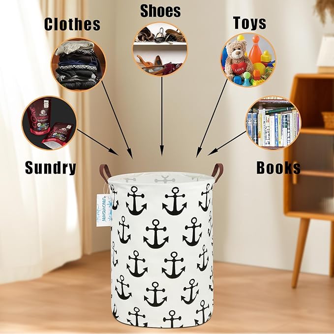 LANGYASHAN Laundry Basket Canvas Fabric Collapsible Organizer Basket for Storage Bin Toy Bins Gift Baskets Bedroom Clothes Children Nursery Hamper (anchor)
