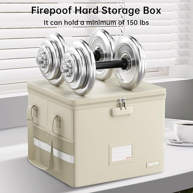 ENGPOW 5200°F File Box Fireproof Document Box with Lock,Heat Insulated Collapsible File Storage Organizer Box with Handle,Portable Home Office File Cabinet for Hanging Letter/Legal Size Folder, Beige