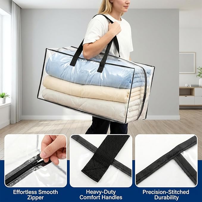 RAINFLOW Extra Large Moving Bags - Heavy Duty Clear Tote Bag for Storage and Organization with Smooth Zipper and Strong Handle Home Moving Supplies College Dorm Essentials for Girls and Guys 1PCS