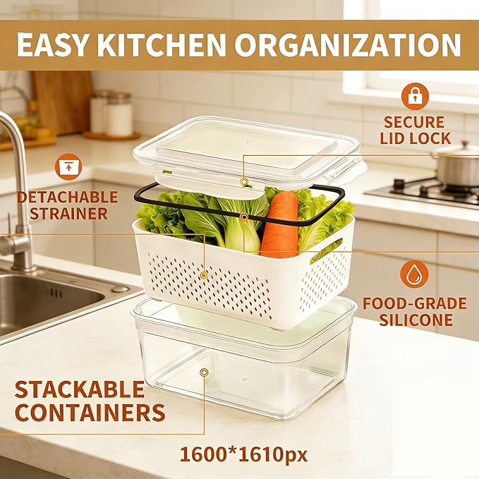 4 in 1 Food Storage Container, Berry Containers For Fridge & Veggie Tray With Lid For Fridge. Airtight Stackable Fruit Bowl With Removable Draining Colander, Premium Kitchen Camper RV Organization
