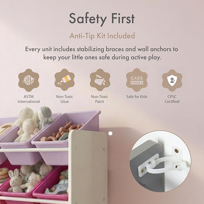Humble Crew Kids Toy Storage Organizer with 12 Plastic Bins, White/Pink/Purple/Turquoise – Removable Bins for Playroom, Bedroom, Toddler Furniture for Boys and Girls Ages