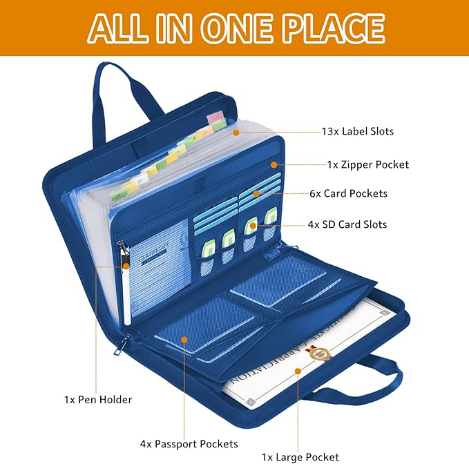 onvvippiv File Organizer Fireproof Expanding Accordion File Folder with Zipper Labels13 Pockets Document Organizer Holder Storage Box Bag for Business Office Receipt Home Travel