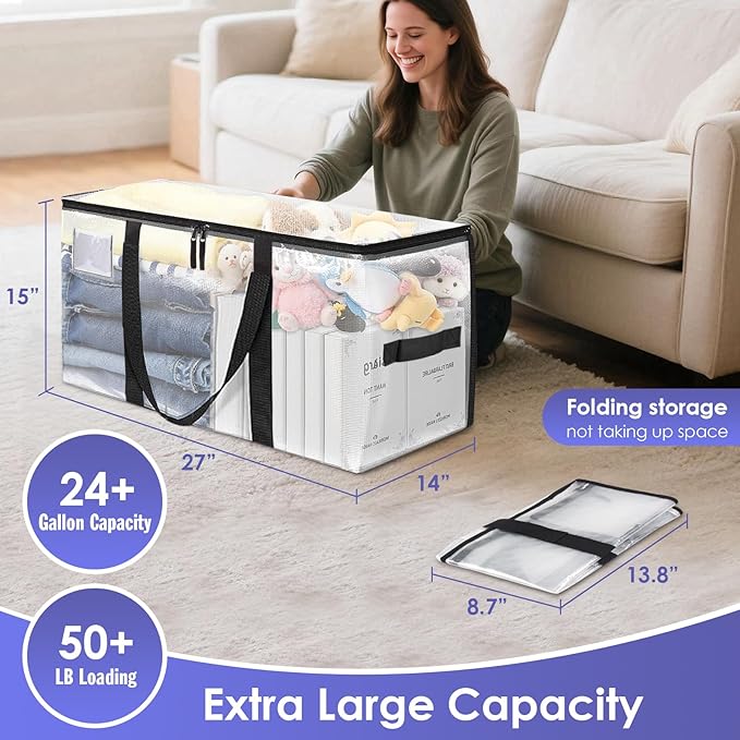 SINLAND 4 Pack Extra Large Heavy Duty Moving Bags with Strong Zippers, Reinforced Handles and Tag Pocket, Packing Totes Supplies for College Dorm Room, Packing Bags for Saving Space(Semi-Transparent)