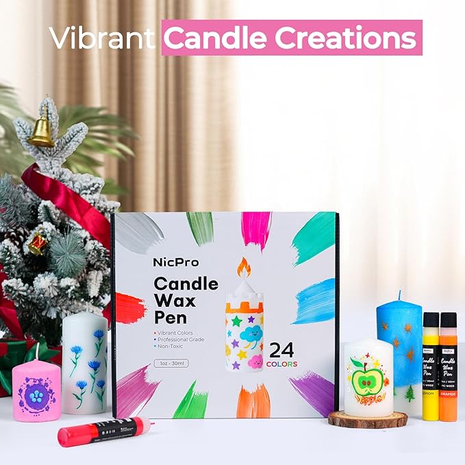 Nicpro Candle Wax Pen, 24 Colors 3D Candle Paint Include Glitter Silver Gold, Safe DIY Candle Making & Painting Kit, Dry Fast Vibrant Colors Wax Paint for Birthday Holidays Wedding Party (1 oz, 30 ml)