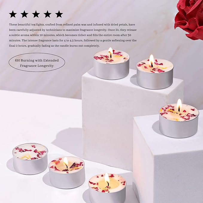 LAMORGIFT 48 Pcs Rose Scented Tealight Candles, 6H Long Burning - Palm Wax Based, Non-Toxic/Smokeless, Bulk for Spa, Bath, Wedding