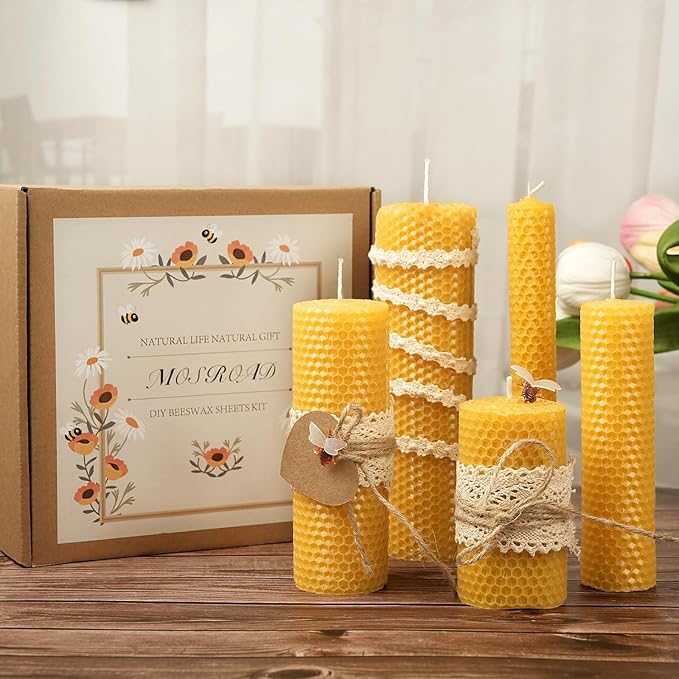 Beeswax Sheets for Candle Making, 30Pcs DIY Beeswax Candles Rolling Kit for Kids & Adults, Natural Honeycomb Sheets (8 x 8 Inch) with Cotton Wick, Bee Ornaments, Lace Ribbon and Hemp Rope
