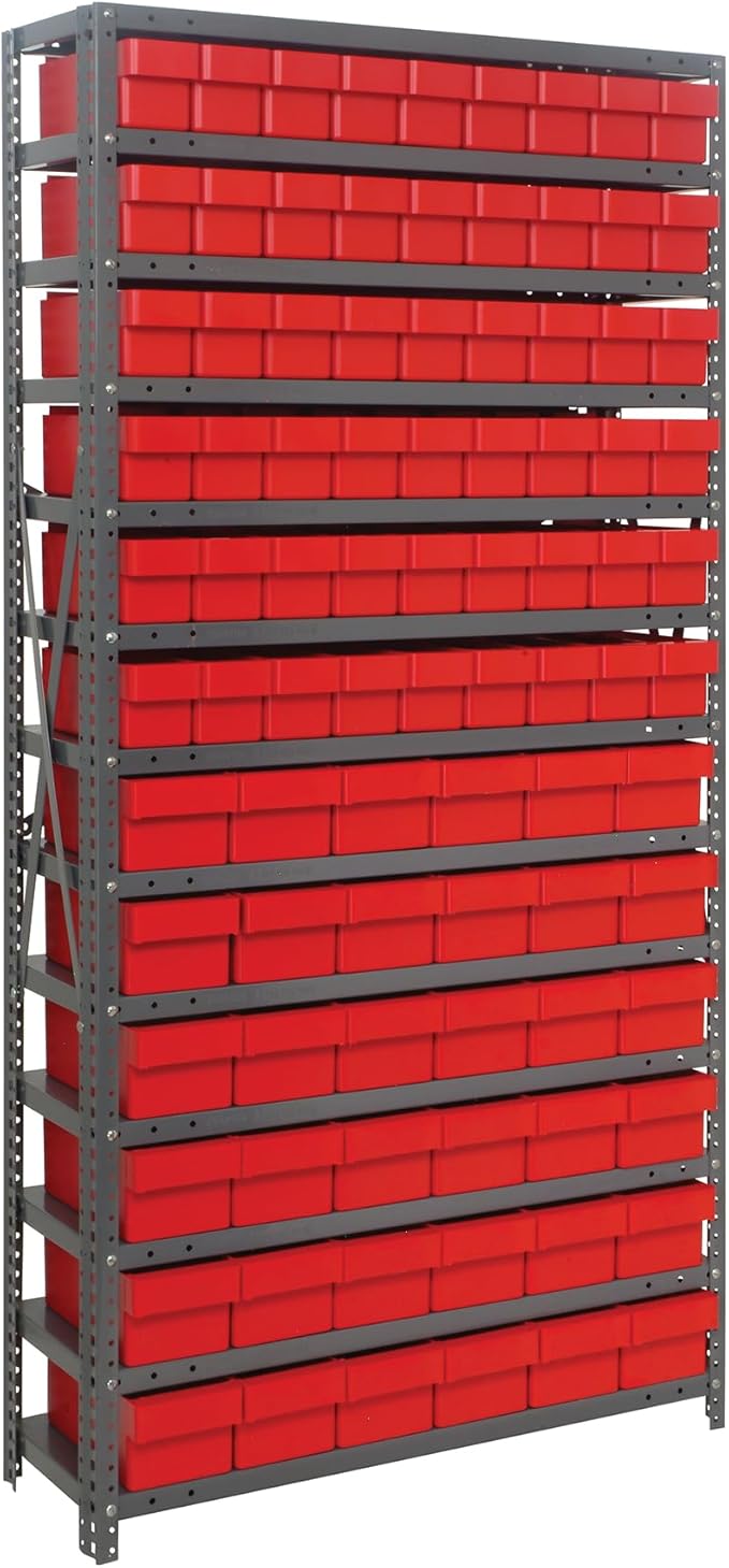 Quantum Storage Systems 1875-624RD Solid Heavy Duty 13 Shelves 90 Super Tuff Euro Red Bins 75" H x 36" W x 18" D