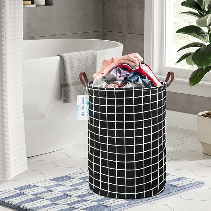 LANGYASHAN Laundry Basket Canvas Fabric Collapsible Organizer Basket for Storage Bin Toy Bins Gift Baskets Bedroom Clothes Children Nursery Hamper (Black Grid)