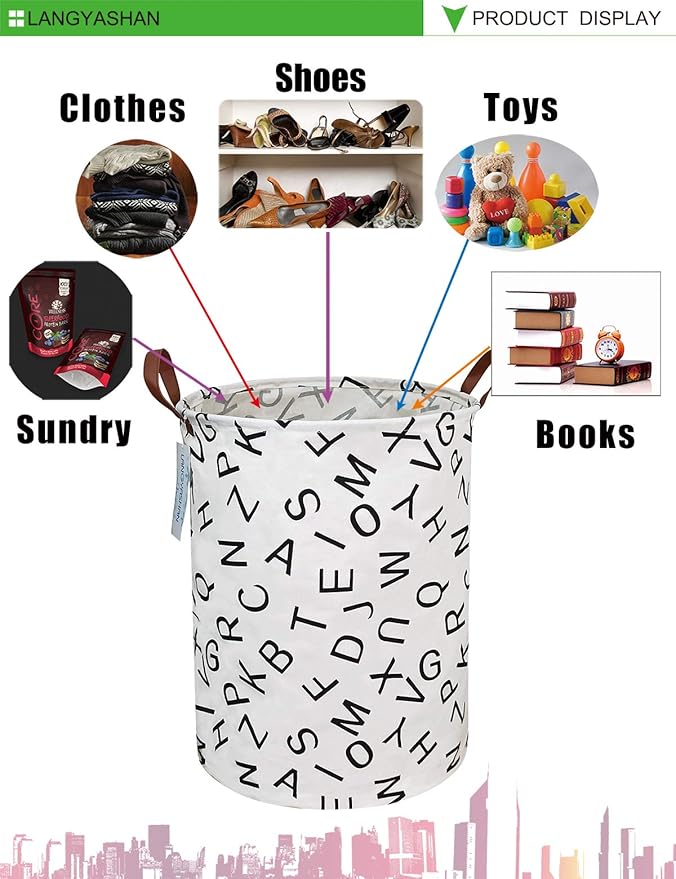 LANGYASHAN Laundry Basket Canvas Fabric Collapsible Organizer Basket for Storage Bin Toy Bins Gift Baskets Bedroom Clothes Children Nursery Hamper (Alphabet)