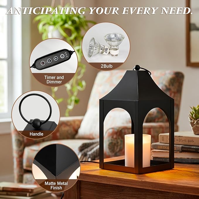 Candle Warmer Lamp with Timer, Dimmable Vintage Lantern for Large Jar Candles, Top-Down Electric Candle Lamp Warmer with 2 Bulbs, Safe for Children & Pets, Hanging Black Home Decor Gift