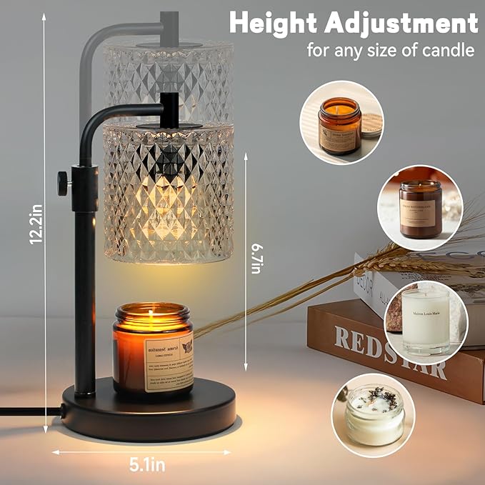 NITOWOLF Candle Warmer Lamp with Timer, Candle Wax Warmer Adjustable Height Candle Lamp Warmer for Jar Candles, Brithday Gifts House Warming Gifts for Women (Black Glass)