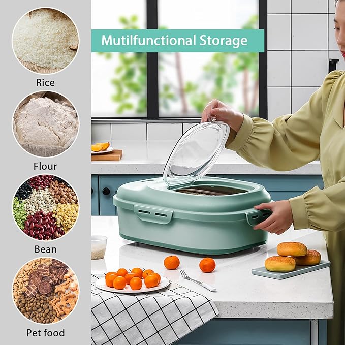 Rice Storage Container, Foldable Airtight Cereal Food Storage Containers 20 to 50 Lbs with Measuring Cup & Wheels, Dry Food Flour Sugar Storage Container Large Kitchen Pantry Holder, Green