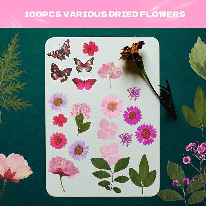 CONVELIFE Dried Flowers for Resin 116Pcs, Pink Real Natural Pressed Flowers with 10 Butterfly Stickers, Dried Leaves kit for Scrapbook Supplies Card Making Resin Jewelry Soap Candle DIY Crafts