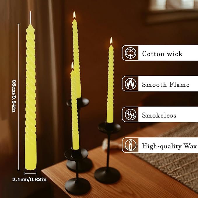 12-Piece Yellow Spiral Wax 10-inch Taper Candles -unscented smokeless, Tear-Free, Long-Lasting Burning Cotton Wick Suitable for Home,Party,Holiday Decorations