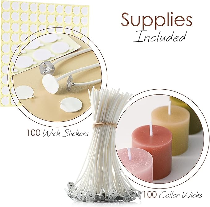 Hearth & Harbor Candle Wicks and Adhesive Candle Wick Stickers, 100 x 6-Inch Cotton Wicks + 100 Double-Sided Heat Resistant Candle Stickers