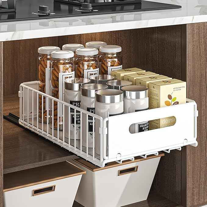YunNasi Pull Out Cabinet Organizer Slide Out Drawer Storage Shelves Cupboard Organiser Sliding Cabinet Basket for Kitchen No Drilling and Nailing (White, 2Piece 9.8" W X 15" D X 3.9" H)