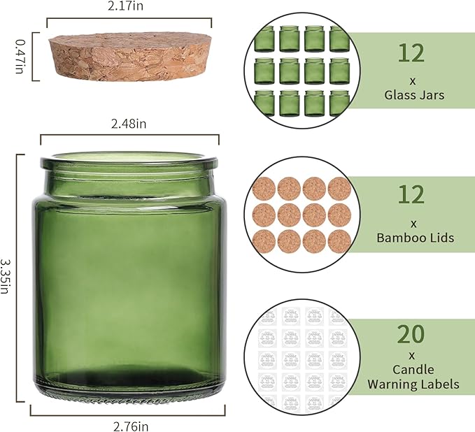 Lanttu 12 Pack Green Candle Jars for Making Candles, 7.5oz Glass Jars with Wooden Lids and Labels, Candle Making Supplies Candle Containers for Home DIY, Gifts, Table Decor