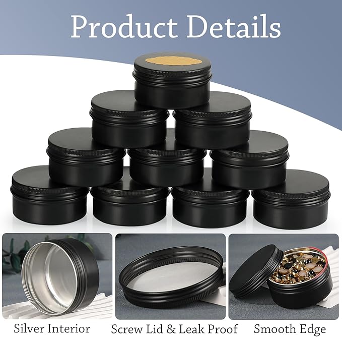 3oz Black Aluminum Tin Containers with Screw Lids, 40 Pack Refillable Cosmetic Jars, Round Salve Tins, Tea Cans, Bulk Food Storage Jars, Candle Travel Tins