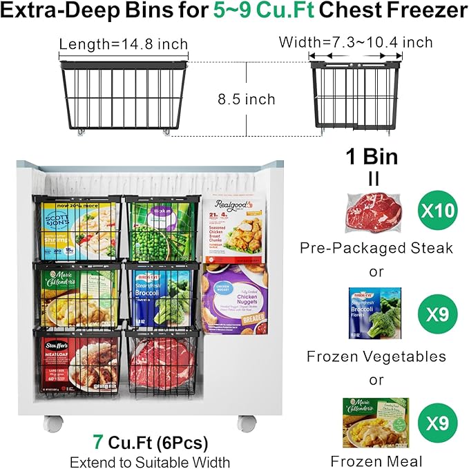 iSPECLE Freezer Organizer Bins - 3 Pack Adjustable Width for 5 to 7 Cu.Ft Chest Freezers, Stackable Freezer Wire Storage Baskets for Deep Freezer Organization, Assembly Required, Black