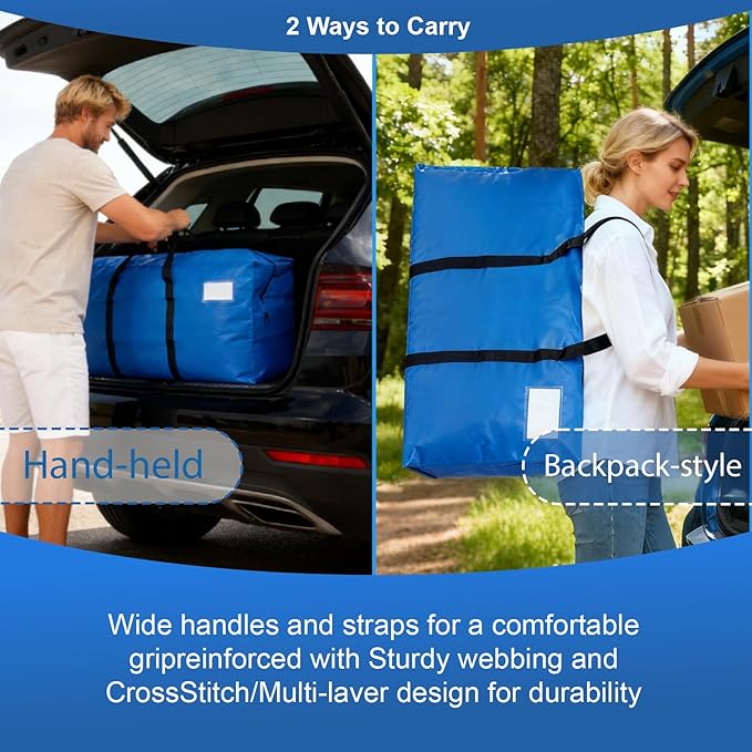 4 Pack Heavy Duty Moving Bags with Backpack Straps & Handles, Large Storage Bags with Zipper for Clothes, College Moving Supplies and Dorm Essentials (33 Gal, Blue)