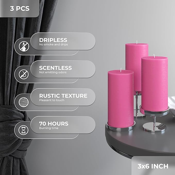 CANDWAX Large Pillar Candles 3x6 Inch – Set of 3 Unscented Candles Hot Pink Candles, Rustic Style for Valentines, Weddings, Home Interior