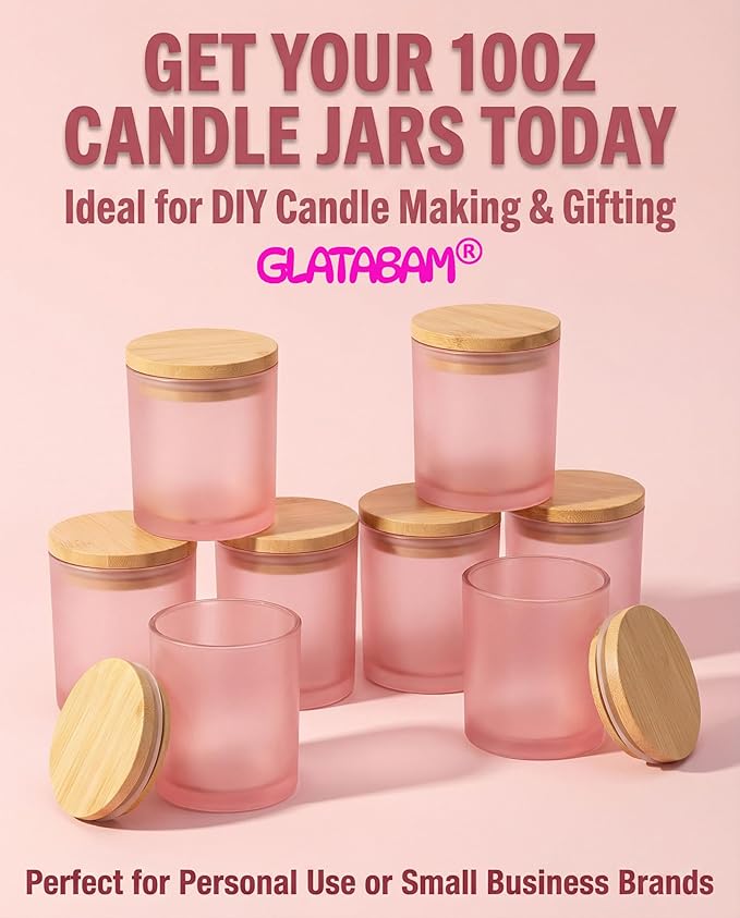 GLATABAM 10 OZ Candle Jars 12 Pack - Bulk Glass Candle Making Jars with Bamboo Lids & Labels, Heat Resistant Empty Reusable Candle Vessel for Containers(Frosted Powder)