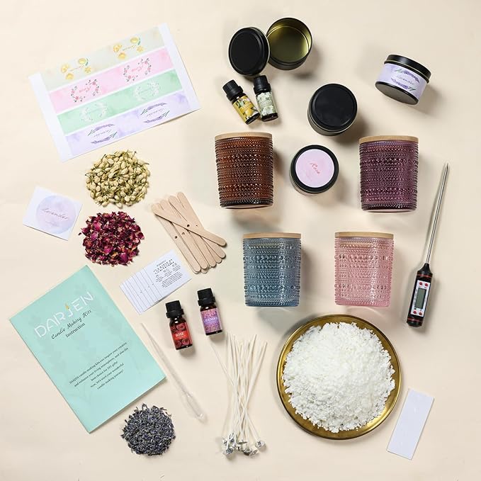 DARJEN Candle Making Kits for Adults - Candle Making Supplies with 4 Candle Jars(Amber, Pink, Blue, Purple), Candle Tins, Soy Wax, Scents, Dried Flower & More, DIY Starter Candle Making Kit Home Decor
