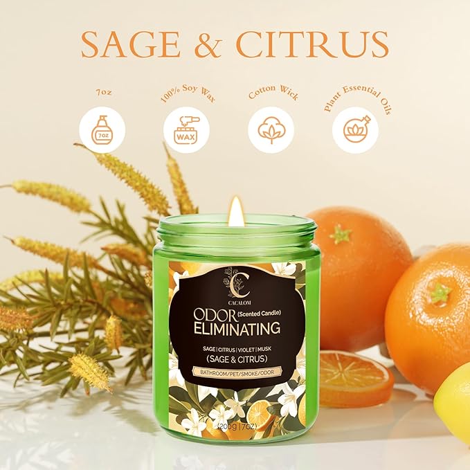 Sage Citrus Lemon Odor Eliminating Candles, Pet Scented Candles for Home, Single Wick Soy Candle Gifts for Women, Men, Ideal for Creating Relaxing Atmosphere, Over 50 Hours of Burn Time