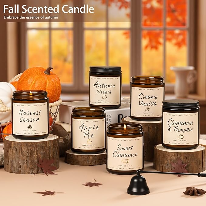 Auelife Scented Candles, 6 Pack Winter Candle Set, 42 oz Holiday Soy Candles, Candle Gifts Set for Men and Women, Home Decor of Wreath/Apple/Latte/Harvest/Vanilla/Cinnamon