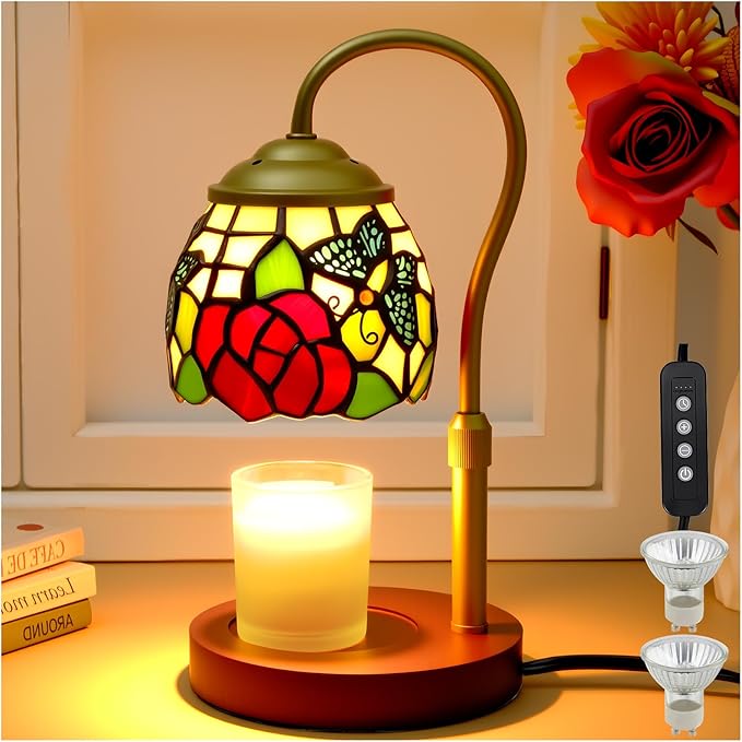 Candle Warmer Lamp with Timer Dimmer, Butterfly Tiffany Style Stained Glass Candle Lamp Warmer, Adjustable Wax Melt Warmer with 2 Bulbs for Small Jar Candles Valentine Birthday Gifts for Women