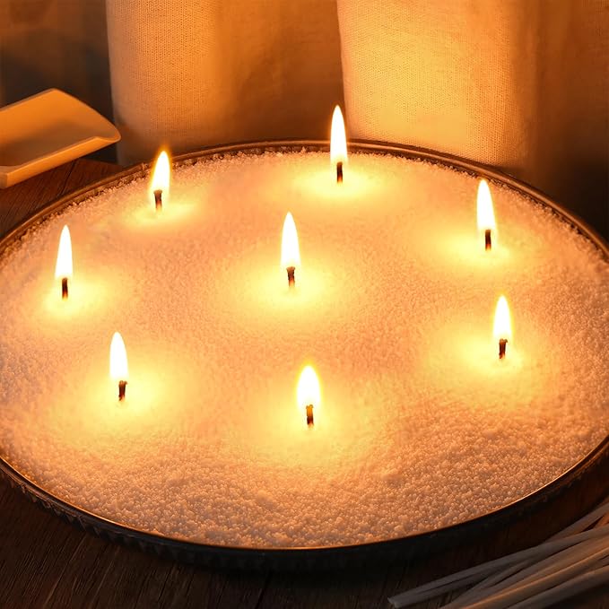 LAMORGIFT 1LB Candle Sand- White Candle Beads, Sand Wax, Pearled Candles with Wicks (10 Pcs), Candles Unscented for Powder Candle Making, Refill Kit