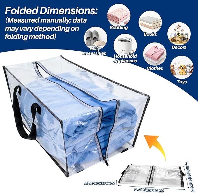 RAINFLOW Extra Large Moving Bags - Heavy Duty Clear Tote Bag for Storage and Organization with Smooth Zipper and Strong Handle Home Moving Supplies College Dorm Essentials for Girls and Guys 1PCS